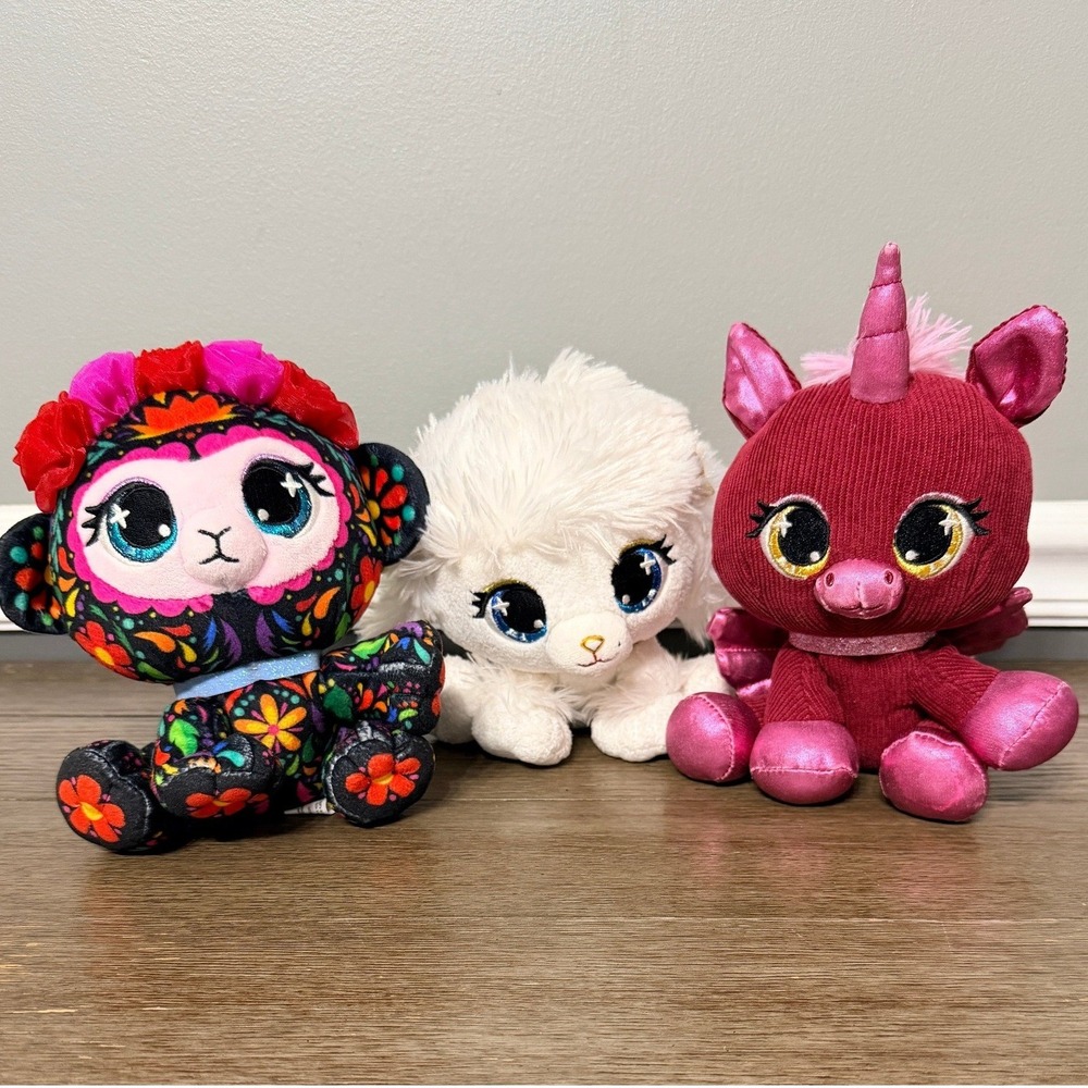 Posh‎ Paws PLUSHES Pets Lot of 3 Monkey Poodle Unicorn Floral Pink White 6in
